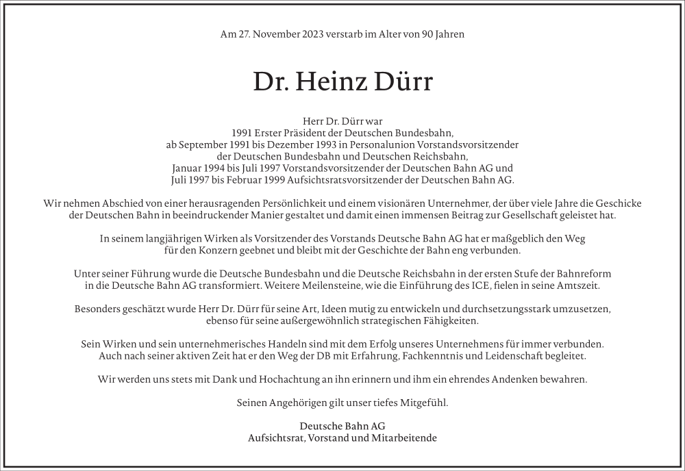  Traueranzeige für Heinz Dürr vom 02.12.2023 aus Frankfurter Allgemeine Zeitung