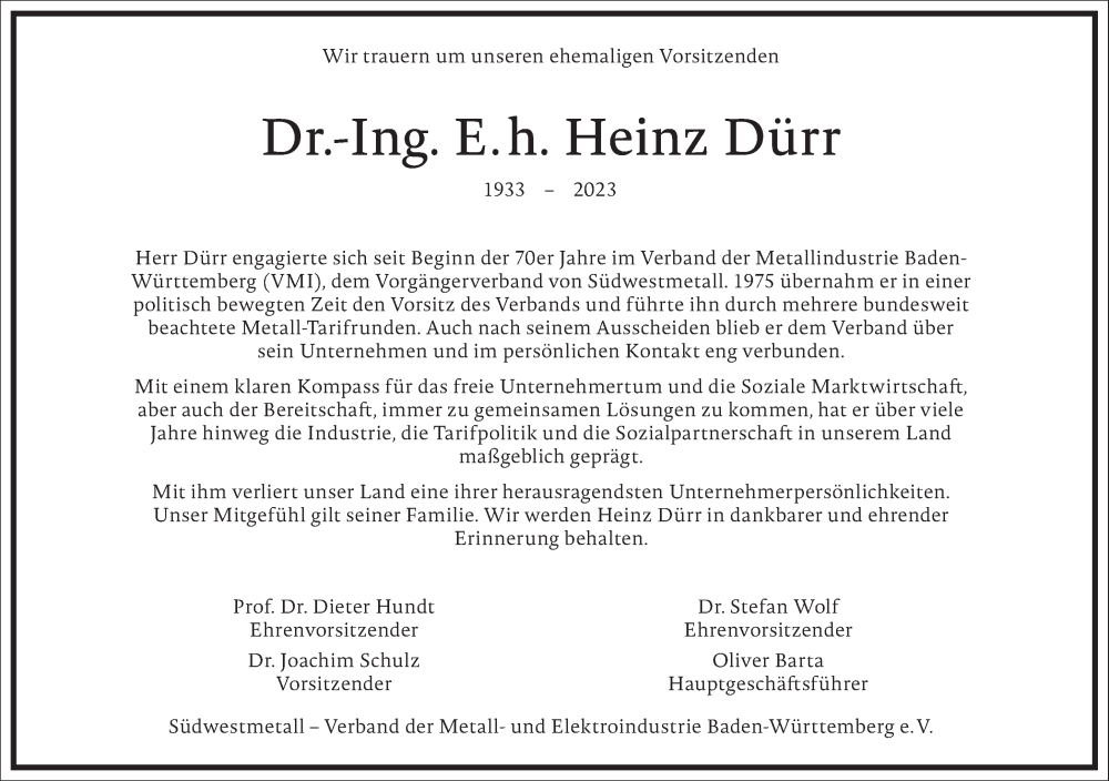 Traueranzeige für Heinz Dürr vom 02.12.2023 aus Frankfurter Allgemeine Zeitung