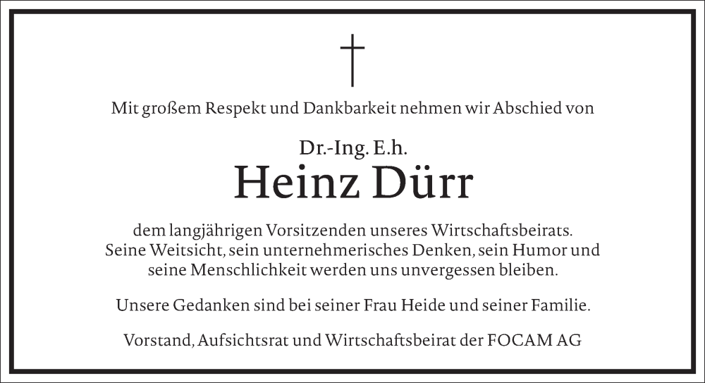  Traueranzeige für Heinz Dürr vom 09.12.2023 aus Frankfurter Allgemeine Zeitung