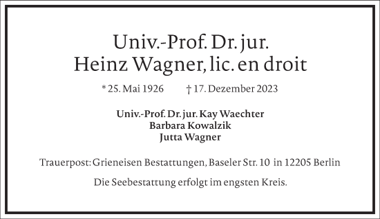 Traueranzeige von Heinz Wagner von Frankfurter Allgemeine Zeitung