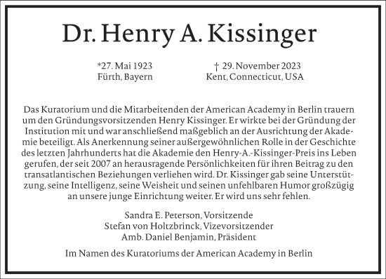 Traueranzeige von Henry A. Kissinger von Frankfurter Allgemeine Zeitung