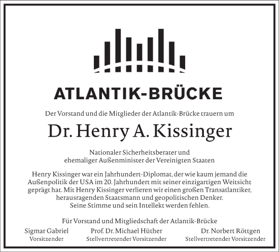 Traueranzeige von Henry A. Kissinger von Frankfurter Allgemeine Zeitung