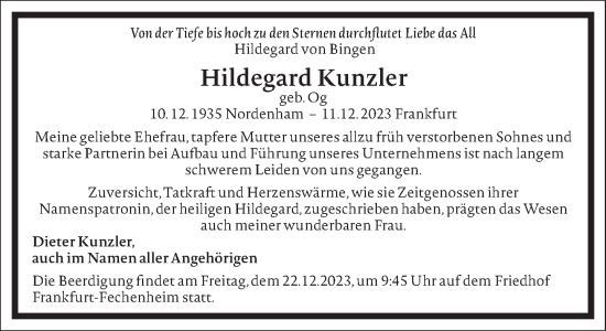 Traueranzeige von Hildegard Kunzler von Frankfurter Allgemeine Zeitung