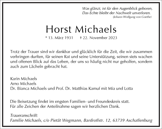 Traueranzeige von Horst Michaels von Frankfurter Allgemeine Zeitung