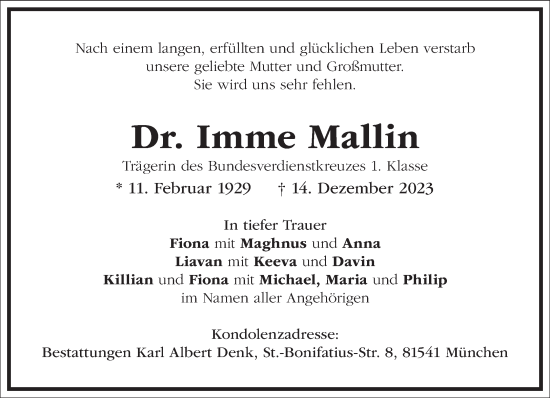 Traueranzeige von Imme Mallin von Frankfurter Allgemeine Zeitung