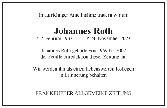 Traueranzeige von Johannes Roth von Frankfurter Allgemeine Zeitung