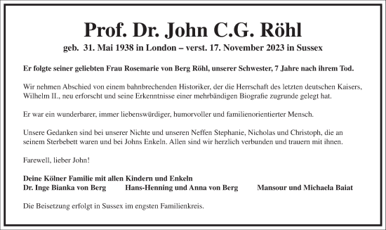 Traueranzeige von John C.G. Röhl von Frankfurter Allgemeine Zeitung