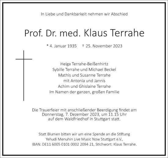 Traueranzeige von Klaus Terrahe von Frankfurter Allgemeine Zeitung