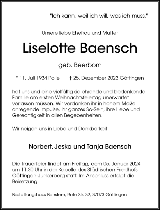 Traueranzeige von Liselotte Baensch von Frankfurter Allgemeine Zeitung