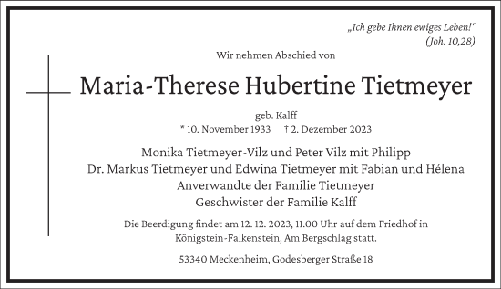 Traueranzeige von Maria-Therese Hubertine Tietmeyer von Frankfurter Allgemeine Zeitung