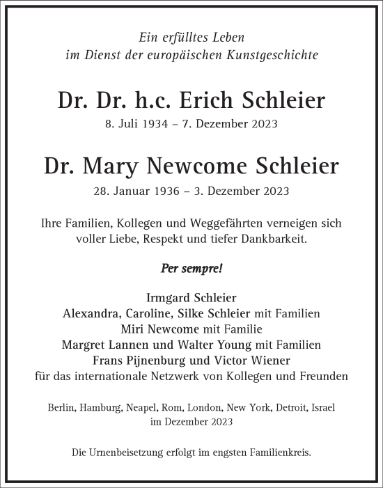 Traueranzeige von Mary Newcome Schleier von Frankfurter Allgemeine Zeitung