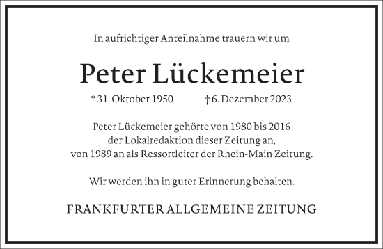 Traueranzeige von Peter Lückemeier von Frankfurter Allgemeine Zeitung