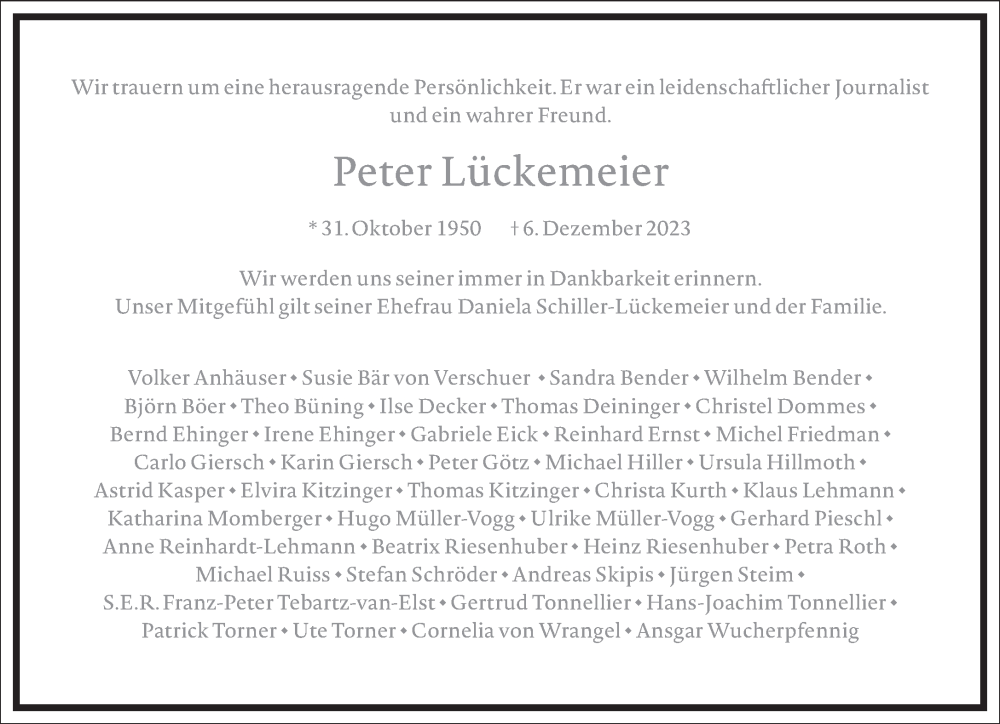  Traueranzeige für Peter Lückemeier vom 11.12.2023 aus Frankfurter Allgemeine Zeitung