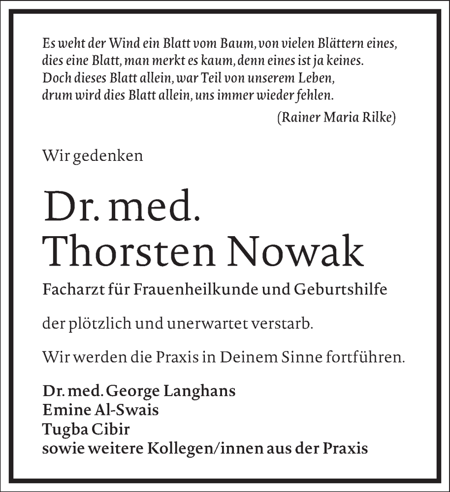  Traueranzeige für Thorsten Nowak vom 09.12.2023 aus Frankfurter Allgemeine Zeitung