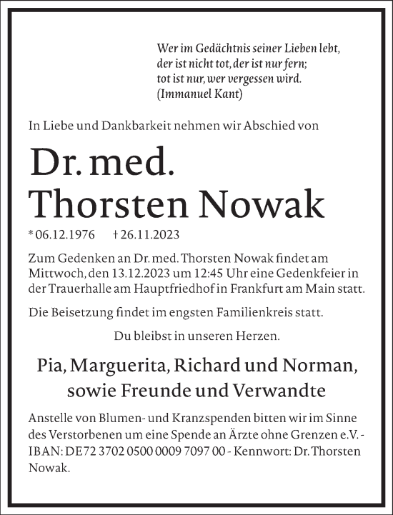 Traueranzeige von Thorsten Nowak von Frankfurter Allgemeine Zeitung