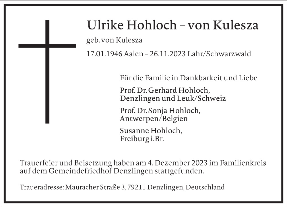  Traueranzeige für Ulrike Hohloch-von Kulesza vom 05.12.2023 aus Frankfurter Allgemeine Zeitung