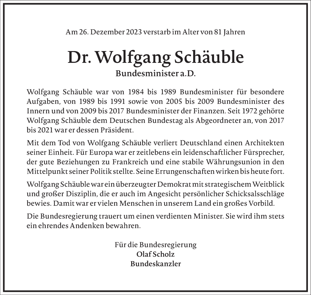  Traueranzeige für Wolfgang Schäuble vom 30.12.2023 aus Frankfurter Allgemeine Zeitung