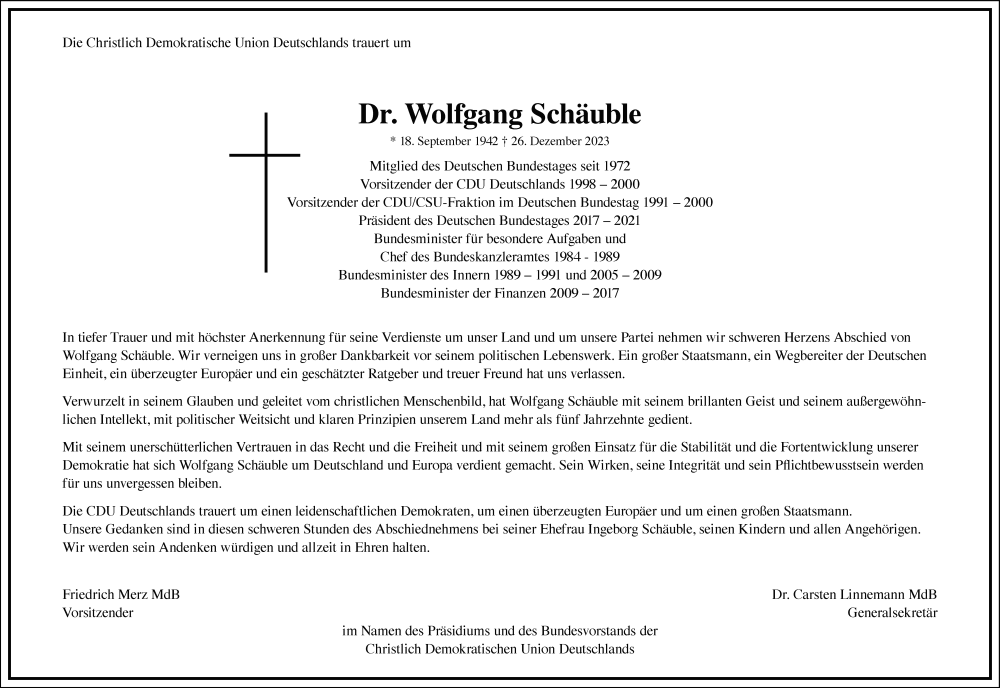  Traueranzeige für Wolfgang Schäuble vom 30.12.2023 aus Frankfurter Allgemeine Zeitung