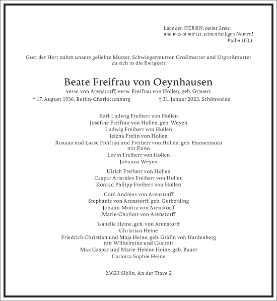 Traueranzeige von Beate Freifrau von Oeynhausen von Frankfurter Allgemeine Zeitung