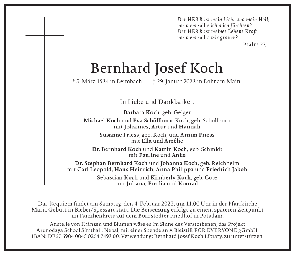  Traueranzeige für Bernhard Josef Koch vom 04.02.2023 aus Frankfurter Allgemeine Zeitung