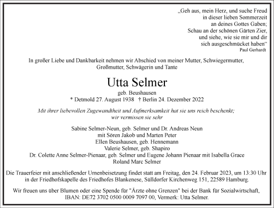 Traueranzeige von Utta Selmer von Frankfurter Allgemeine Zeitung