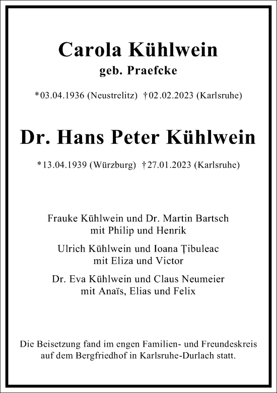 Traueranzeige von Carola Kühlwein von Frankfurter Allgemeine Zeitung