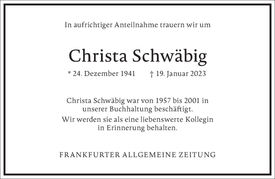 Traueranzeige von Christa Schwäbig von Frankfurter Allgemeine Zeitung