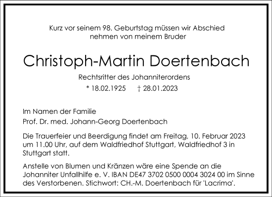 Traueranzeige von Christoph-Martin Doertenbach von Frankfurter Allgemeine Zeitung