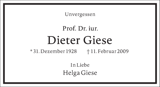 Traueranzeige von Dieter Giese von Frankfurter Allgemeine Zeitung