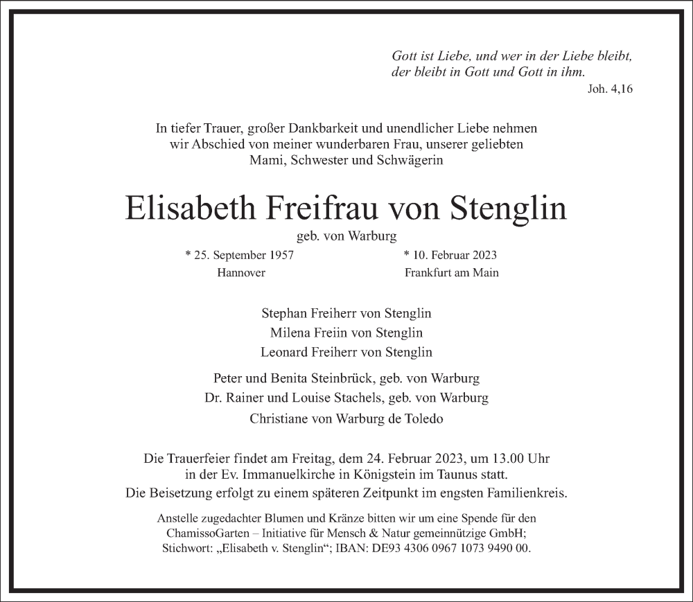  Traueranzeige für Elisabeth Freifrau von Stenglin vom 18.02.2023 aus Frankfurter Allgemeine Zeitung