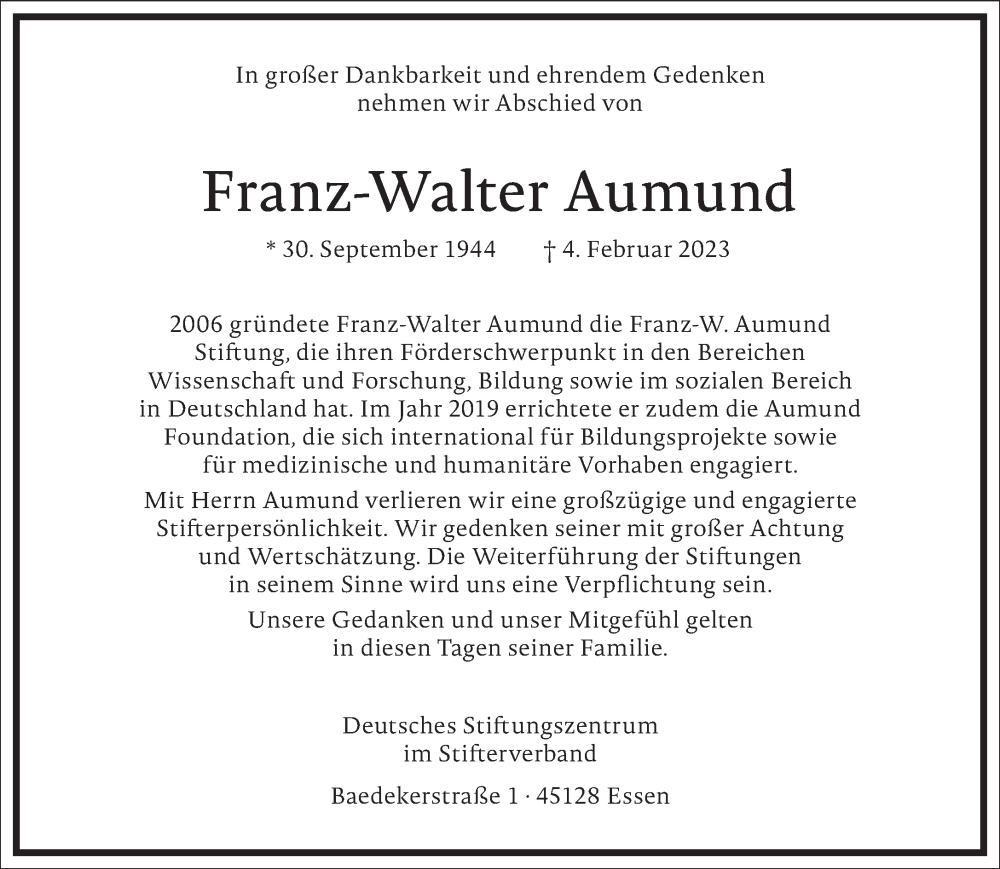  Traueranzeige für Franz-Walter Aumund vom 11.02.2023 aus Frankfurter Allgemeine Zeitung