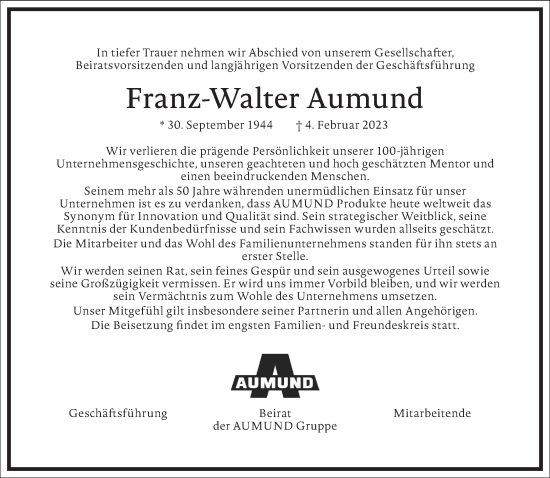 Traueranzeige von Franz-Walter Aumund von Frankfurter Allgemeine Zeitung