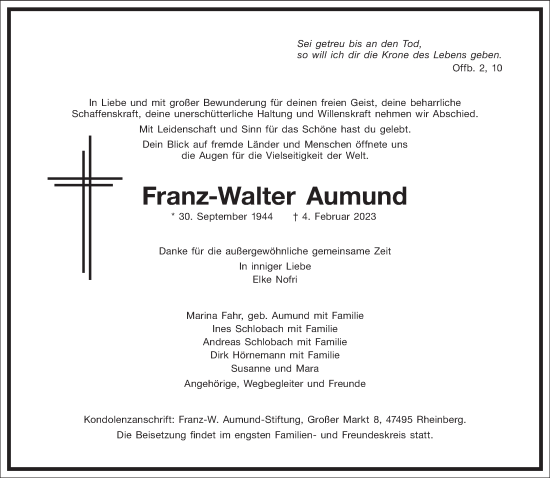 Traueranzeige von Franz-Walter Aumund von Frankfurter Allgemeine Zeitung