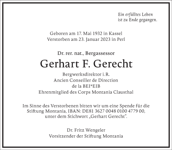 Traueranzeige von Gerhart F. Gerecht von Frankfurter Allgemeine Zeitung