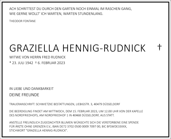 Traueranzeige von Graziella Hennig-Rudnick von Frankfurter Allgemeine Zeitung