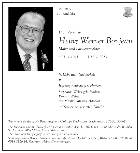 Traueranzeige von Heinz Werner Bonjean von Frankfurter Allgemeine Zeitung