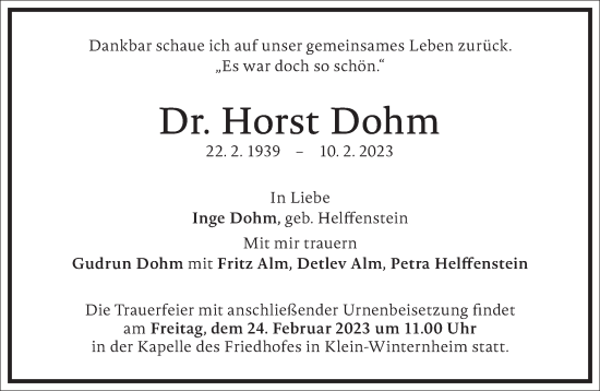 Traueranzeige von Horst Dohm von Frankfurter Allgemeine Zeitung