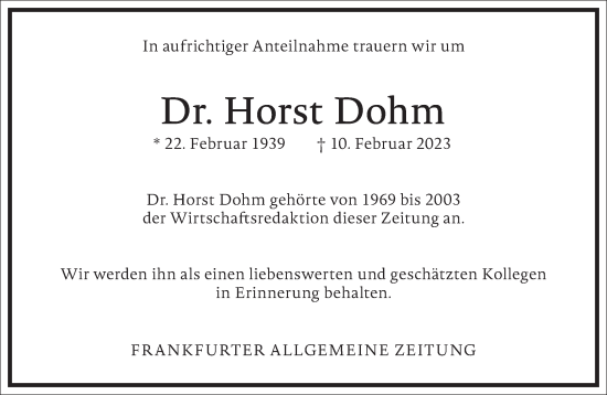 Traueranzeige von Horst Dohm von Frankfurter Allgemeine Zeitung