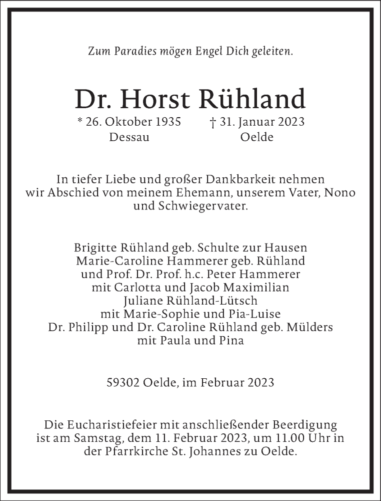  Traueranzeige für Horst Rühland vom 04.02.2023 aus Frankfurter Allgemeine Zeitung