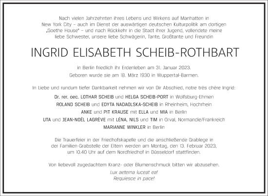 Traueranzeige von INGRID ELISABETH SCHEIB-ROTHBART von Frankfurter Allgemeine Zeitung