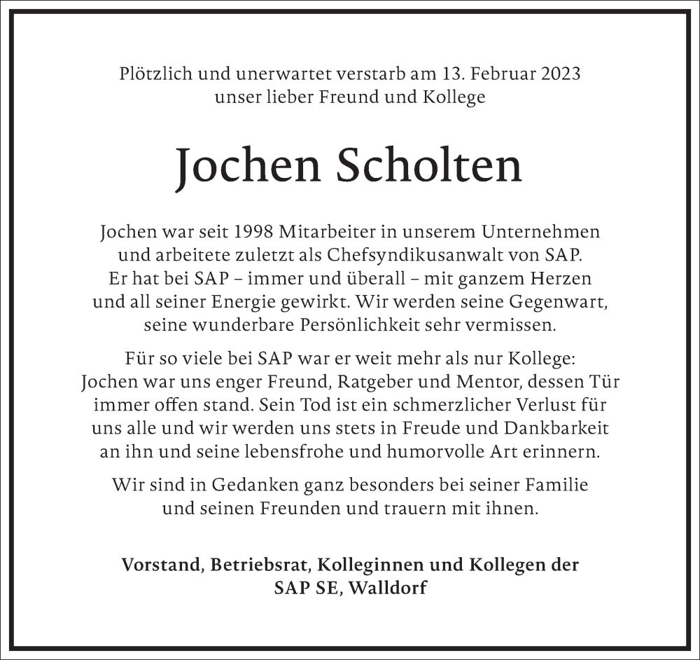  Traueranzeige für Jochen Scholten vom 25.02.2023 aus Frankfurter Allgemeine Zeitung