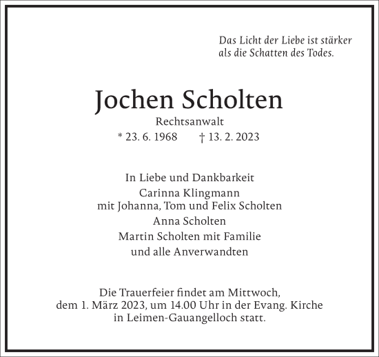 Traueranzeige von Jochen Scholten von Frankfurter Allgemeine Zeitung