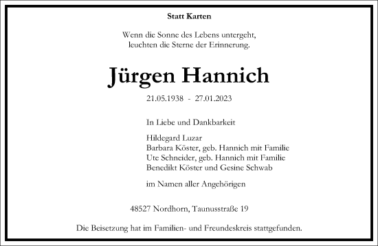 Traueranzeige von Jürgen Hannich von Frankfurter Allgemeine Zeitung