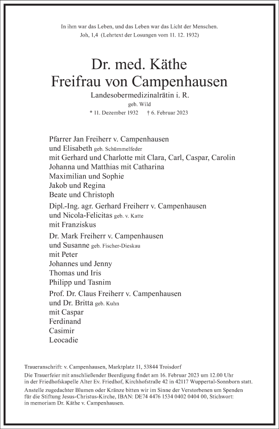 Traueranzeige von Käthe von Campenhausen von Frankfurter Allgemeine Zeitung