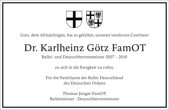 Traueranzeige von Karlheinz Götz von Frankfurter Allgemeine Zeitung