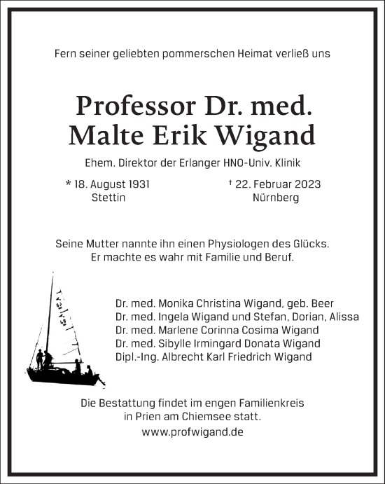 Traueranzeige von Prof. Dr. med. Malte Erik Wigand von Frankfurter Allgemeine Zeitung