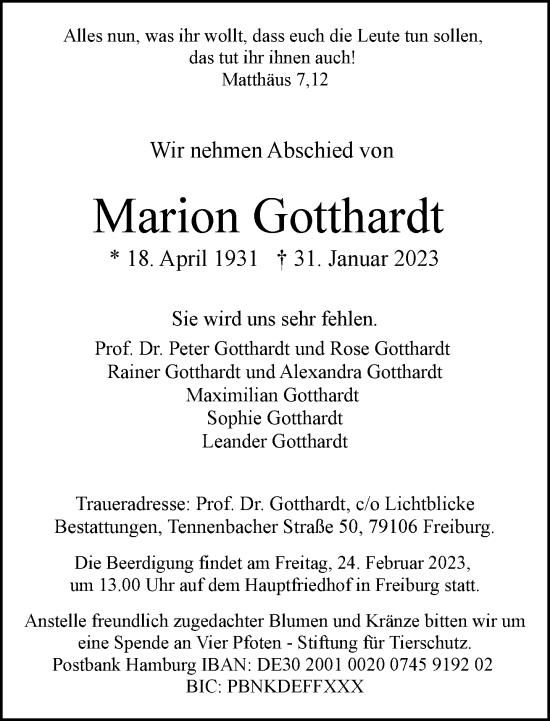 Traueranzeige von Marion Gotthardt von Frankfurter Allgemeine Zeitung