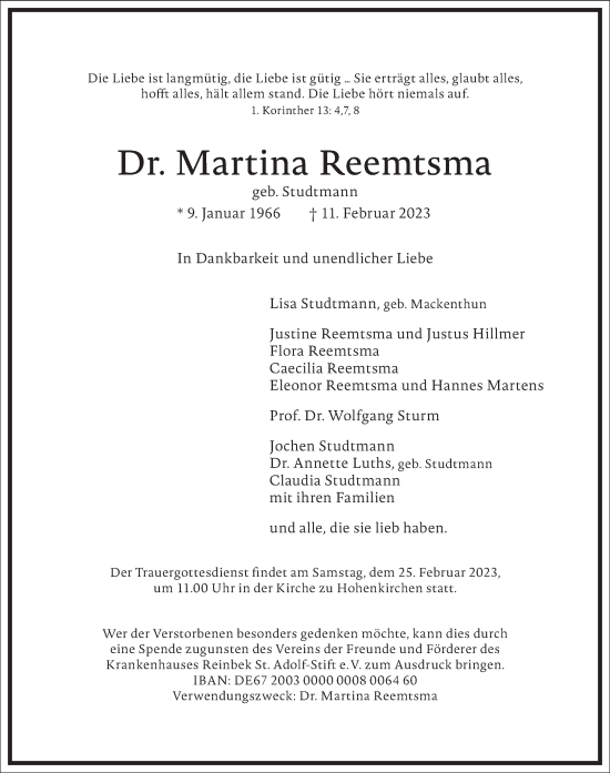 Traueranzeige von Martina Reemtsma von Frankfurter Allgemeine Zeitung