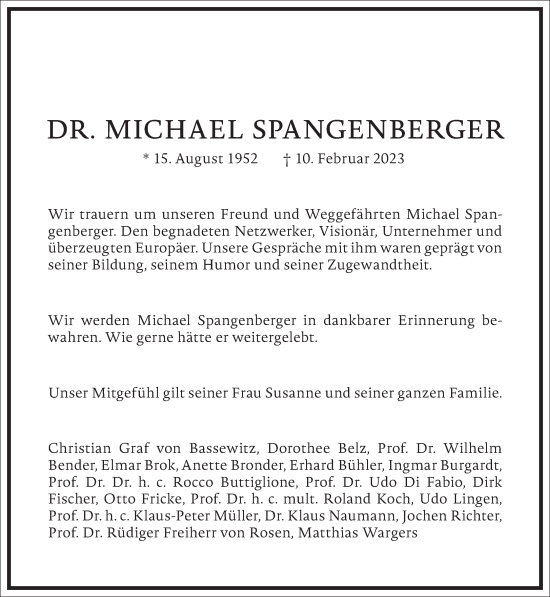 Traueranzeige von Michael Spangenberger von Frankfurter Allgemeine Zeitung