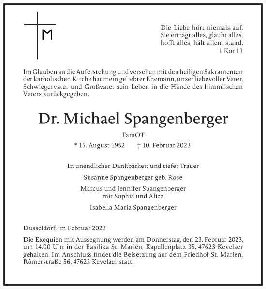 Traueranzeige von Michael Spangenberger von Frankfurter Allgemeine Zeitung